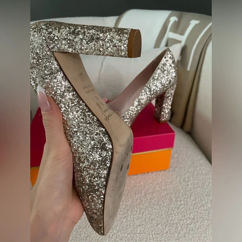 Kate‎ Spade Silver Glitter Sparkly Round Toe Chunky Heel Pump